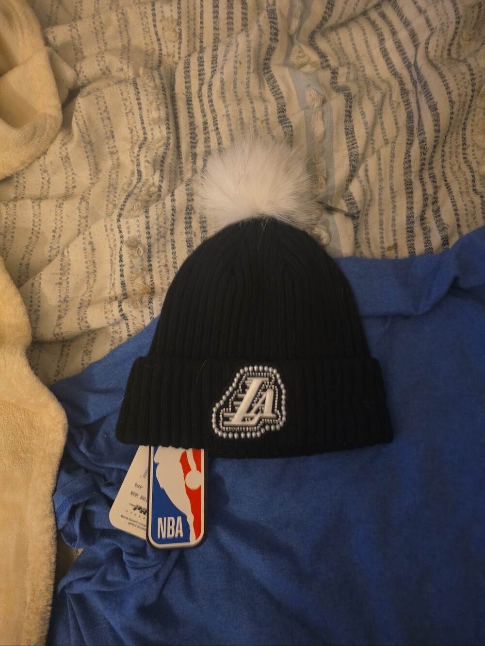 NBA Kids Navy Beanie with White Pom and Embroidered 'A' Patch
